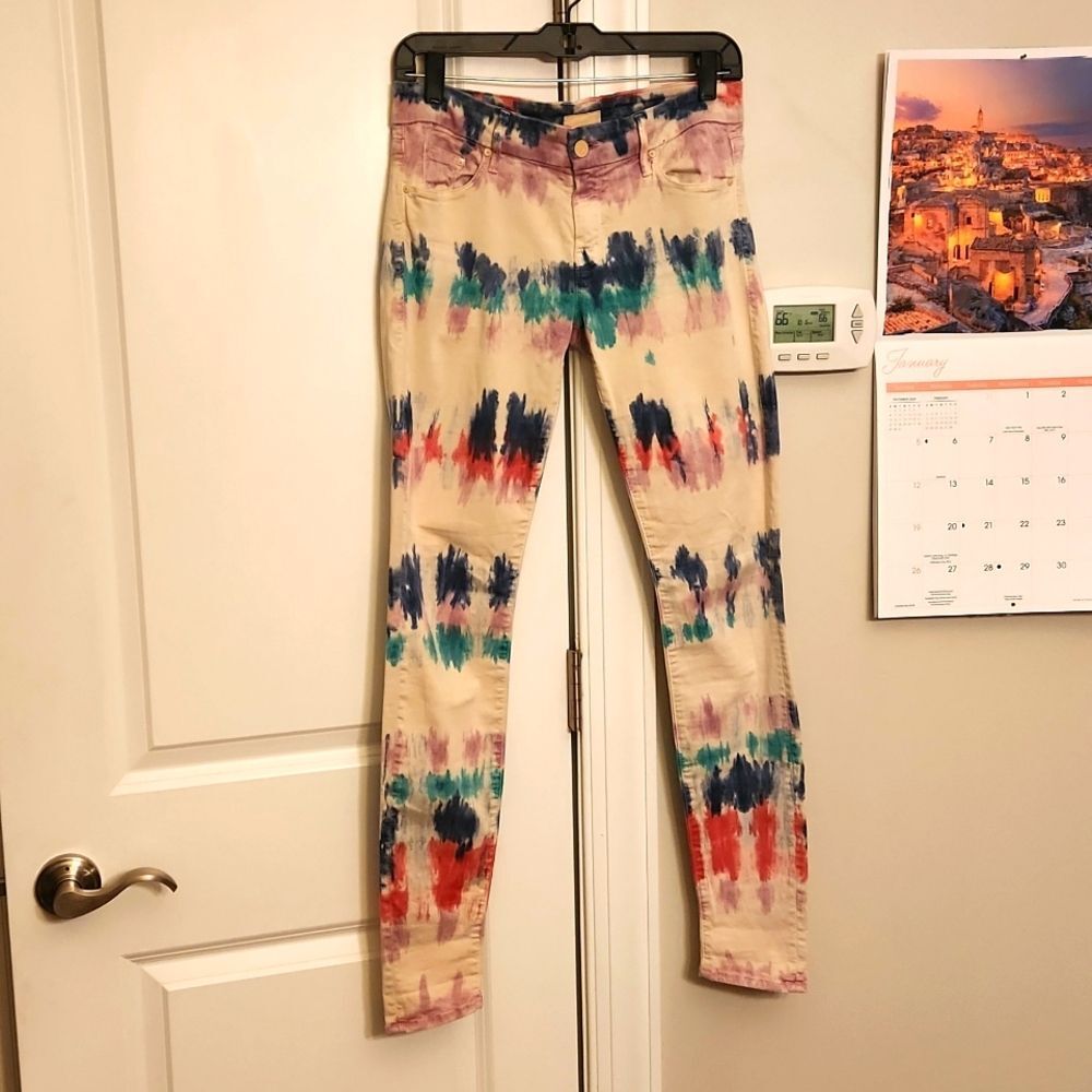 MOTHER Women Skinny Jeans in Cream with Blue, Teal, Red and Purple Tie-Dye
